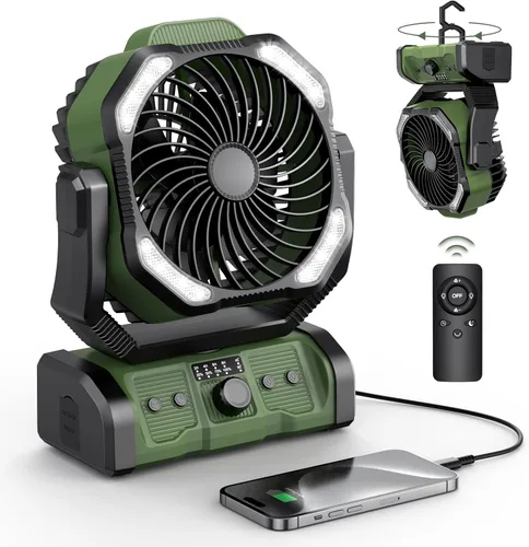 Miniatura 11 de Ventilador recargable portátil, 20000 mAh, inalámbrico, alimentado por batería, ventiladores de tienda de campaña con linterna SOS y LED, pequeños