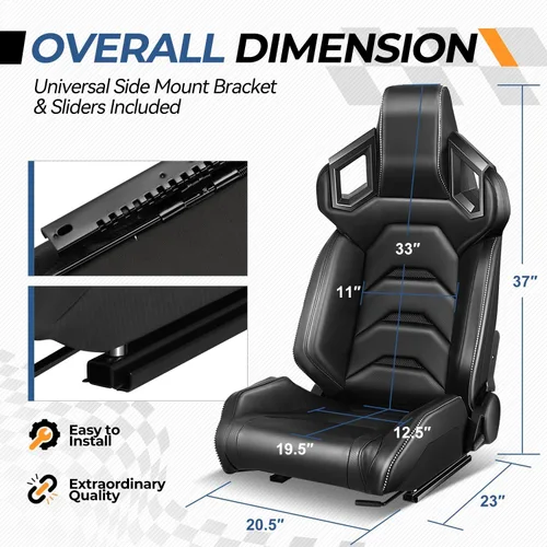 Miniatura 5 de Auto Dynasty Par de Asientos de Carreras Universales Tipo Bucket de Cuero Vinílico y Fibra de Carbono Reclinables con Rieles de Montaje Inferior