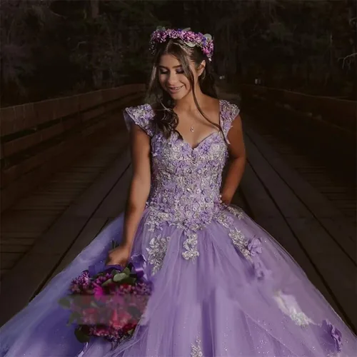Miniatura 4 de Mauuwy Vestidos de quinceañera florales en 3D, vestido de baile de tul brillante hinchado dulce 16 vestidos de encaje con hombros descubiertos