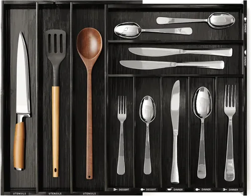 SpaceAid Organizador de cajones de bambú para cubiertos con etiquetas, organizador de bandeja expandible para utensilios de cocina, organizador de