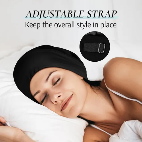 Miniatura 4 de Zenssia Gorro de pelo con forro de satén para dormir, gorro de dormir para mujeres y hombres con correa ajustable, envoltura para el cabello que