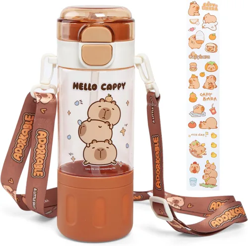 Botella de Agua Capybara, Botella de Agua Kawaii con popote, bonitas botellas de agua Capybara con correa ajustable y calcomanías - para niños y