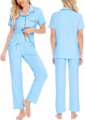 Miniatura 2 de SWOMOG conjunto de pijama de dos piezas para mujer, ropa de dormir de manga corta, con botones, pantalones largos