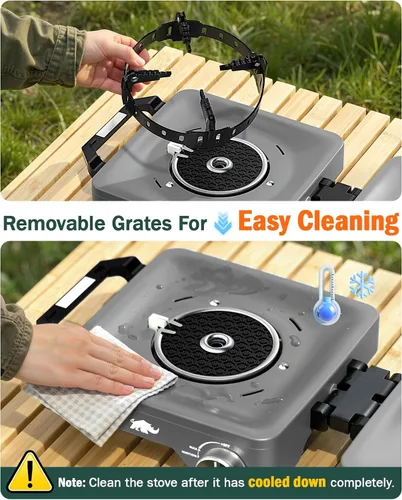 Miniatura 10 de Estufa de campamento con 2 quemadores de propano, 30,000 BTU plegable con rejillas resistentes al viento y sartén, estufas de camping portátiles