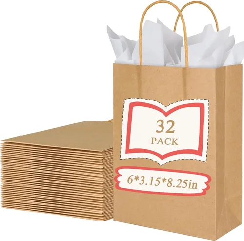 Miniatura 15 de BLEWINDZ 32 Bolsas Pequeñas de Papel para Regalos con Papel de Seda, Bolsas Amarillas para Obsequios de Fiesta con Asas, Bolsa de Golosinas de 8.7
