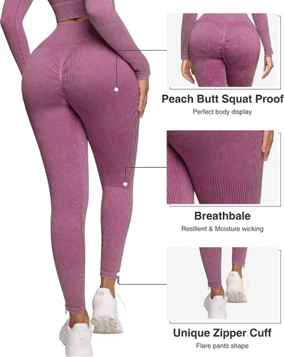 Miniatura 4 de Conjuntos de entrenamiento para mujer, 2 piezas, manga larga, trajes de yoga, gimnasio, sin costuras, acanalados, cintura alta, leggings