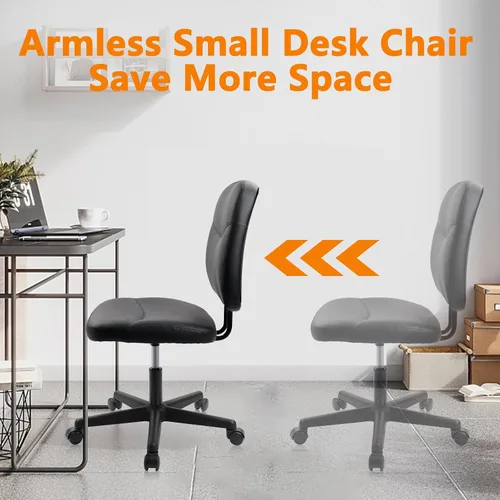 Miniatura 6 de CLATINA Silla de oficina en casa sin brazos, pequeña silla ergonómica de piel sintética con respaldo bajo con soporte lumbar y ruedas, altura