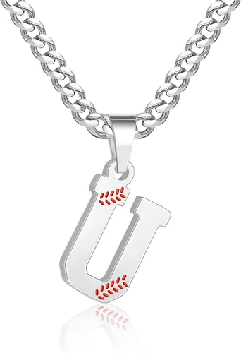 Miniatura 71 de Avotto Collar de béisbol con letra inicial de la A a la Z para niños y hombres, cadena cubana de acero inoxidable resistente que no se decolora