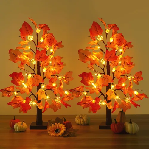 Miniatura 8 de Joyhalo Paquete de 2 Árboles de Otoño de 23.5 Pulgadas con Luces, Temporizador a Pilas, Árbol Iluminado de Otoño para Acción de Gracias