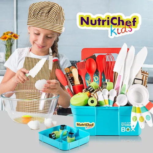 Miniatura 7 de NutriChef Juego de cocina y horneado para niños, juego completo de cocina para niñas y niños, incluye delantal de pequeño chef. Suministros