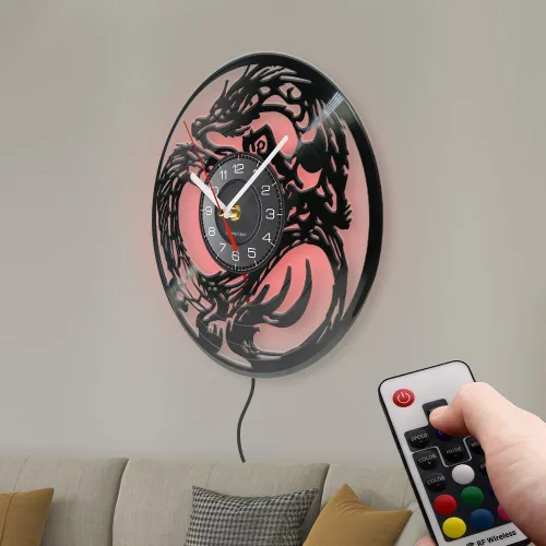Miniatura 3 de Reloj de pared con diseño de dragón de 12 pulgadas, 7 cambios de color, decoración medieval de fantasía, disco de vinilo, reloj de pared de dragones