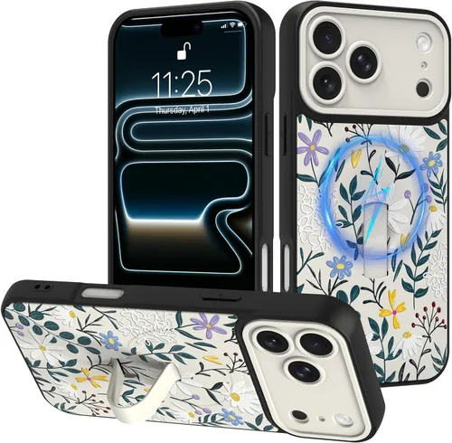Miniatura 55 de Funda diseñada para iPhone 17 Pro Max con soporte plegable y correa para dedos, bonito patrón de lazo de corazón de flor rosa para mujeres y niñas