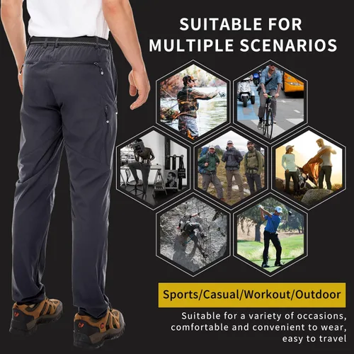 Miniatura 2 de NOUKOW Pantalones de senderismo para hombre, de secado rápido, ligeros, impermeables, elásticos, 6 bolsillos con cremallera y cinturón