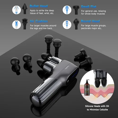 Miniatura 6 de HEYCHY Mini pistola de masaje, masajeador de percusión de tejido profundo con doble cabeza, 5 niveles de velocidad y 4 accesorios, pistola portátil