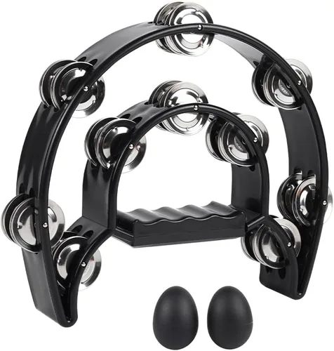 Pandereta de Doble Fila con Cascabeles de Metal, Instrumento de Percusión de Mano en Forma de Media Luna para Adultos y Niños, Fiestas, KTV, Negro