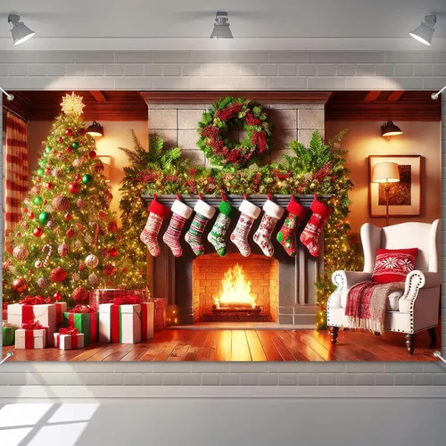 Miniatura 9 de BlissYard Pancarta de Fondo Navideño Escena de Chimenea con Muñeco de Nieve Reno Medias Guirnalda Árbol Regalos Decoración de Fiesta Navideña 71×43