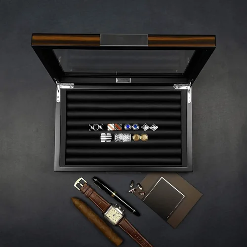 Miniatura 5 de Caja de gemelos de madera con ventana de cristal para gemelos, organizador de anillos y caja de gemelos para hombres con capacidad para 36-46 pares