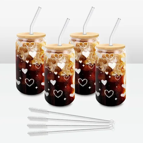 Miniatura 16 de Vasos de vidrio con tapas y pajitas, 1 paquete, tazas de café de vidrio, taza de vidrio con tapa para café helado, batido, cóctel, cerveza, whisky