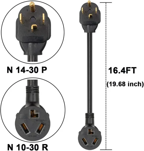 Miniatura 2 de Adaptador de secadora de 3 clavijas a 4 clavijas de 1.5 pies, adaptador de secadora de 4 clavijas a 3 clavijas, NEMA 14-30P macho a 10-30R hembra