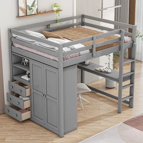 Miniatura 13 de Cama tipo loft de tamaño individual con escritorio en forma de L y 3 cajones, marco de cama de madera con escalera y armario de almacenamiento