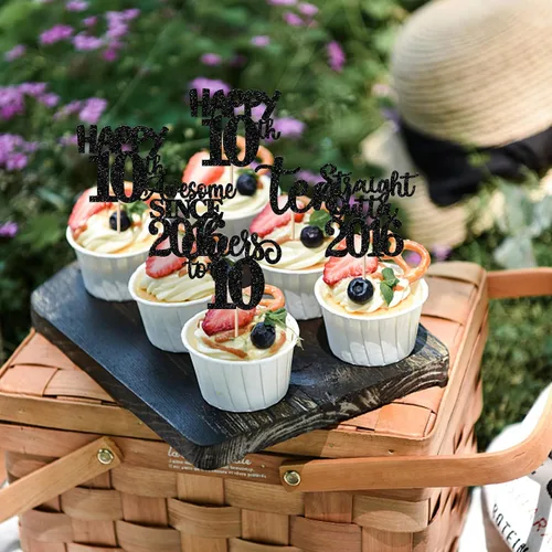 Miniatura 6 de Paquete de 30 adornos para cupcakes de 10º cumpleaños con purpurina recta hacia fuera de 2016, Happy 10th Ten Awesome Since 2016, 10 fabulosas