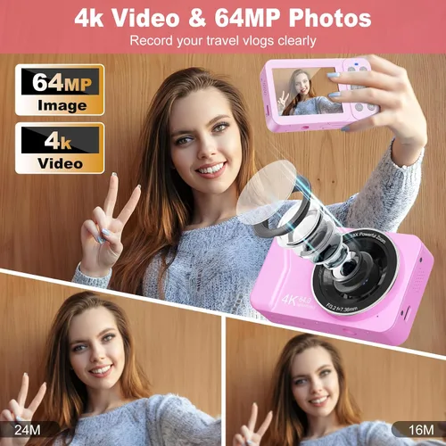 Miniatura 2 de Cámara digital, 4K 64MP, 18X Zoom, cámara de punto y disparo digital con tarjeta TF de 64GB y 2 baterías, cámara pequeña recargable portátil