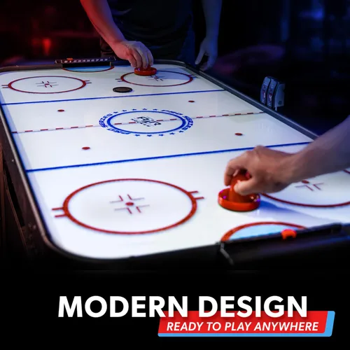 Miniatura 5 de GoSports Mesa arcade de hockey de aire de 54 pulgadas para niños y adultos, roble o negro, incluye 2 empujadores, 3 discos, motor de CA y marcador