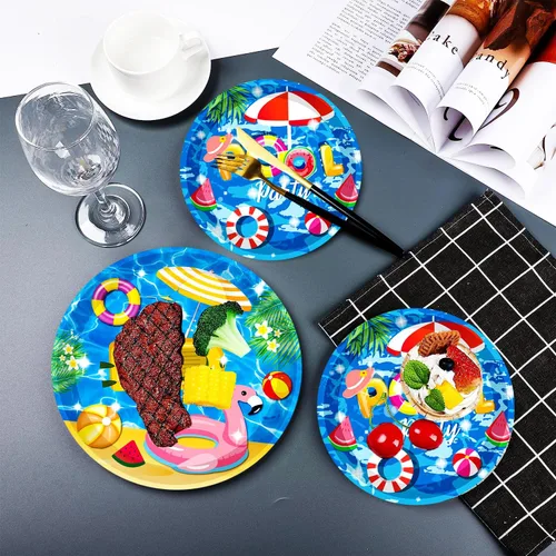 Miniatura 5 de Juego de 150 piezas de suministros para fiestas en la piscina: platos de 9 y 7 pulgadas, servilletas, cuchillos, tenedores, cucharas para playa, Pool