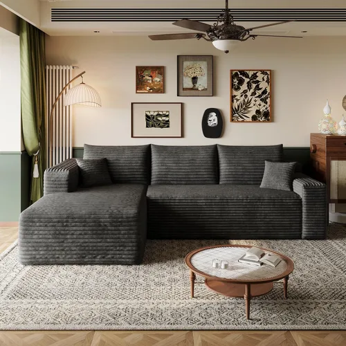 Miniatura 46 de Sofá modular en forma de L de 96 pulgadas con diván, moderno y cómodo sofá de pana para sala de estar, sofá de espuma viscoelástica, no requiere