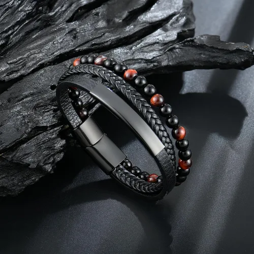 Miniatura 4 de Pulsera de cuentas de piedra volcánica de piedra volcánica de ónix negro y ojo de tigre mate para hombre, pulsera de cuero trenzado negro para hombre