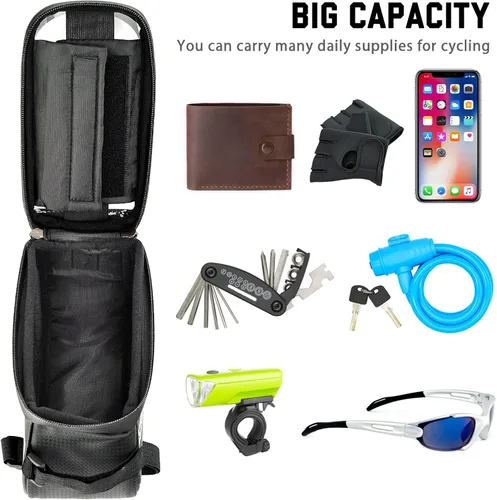 Miniatura 3 de Bolsa para marco de bicicleta con soporte para teléfono celular, bolsa de tubo frontal impermeable para bicicleta con funda de teléfono compatible