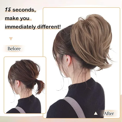 Miniatura 5 de BARSDAR Extensiones de Moño de Cabello Liso - Extensiones de Moño de Cola de Caballo Corta y Lisa para Mujeres, Coleteros de Moño de Cabello