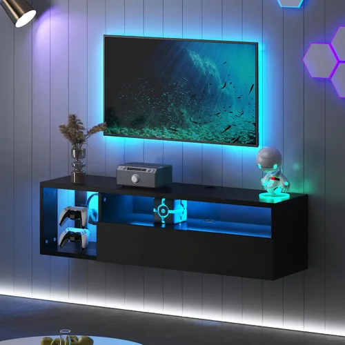 DlandHome Soporte flotante para TV con luz LED, consola multimedia de 39.3 pulgadas, estante flotante para debajo del televisor con estante de