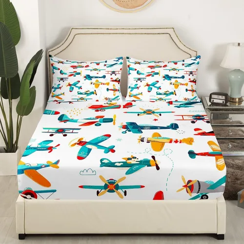 Juego de ropa de cama con estampado de avión verde azulado, tamaño individual, para niñas, adolescentes, decoración de dormitorio, niños, coloridos