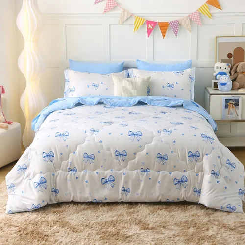 Miniatura 7 de Juego de ropa de cama con lazo para niñas, tamaño matrimonial, 7 piezas, color azul, Kawaii con lazo, cama en una bolsa para niños y adolescentes