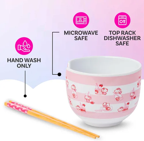 Miniatura 4 de Silver Buffalo Sanrio Hello Kitty Tazón de Cerámica para Fideos Ramen y Arroz con Patrón de Leche de Fresa, con Palillos, Apto para Microondas, 20
