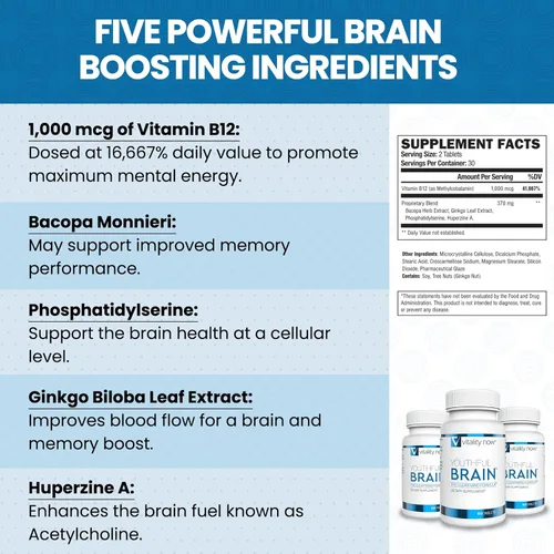 Miniatura 5 de Youthful Brain - Paquete de 4 botellas – Suplemento de apoyo para la memoria y la salud cerebral – Claridad de refuerzo cerebral con Bacopa