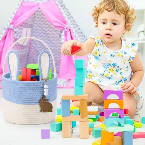 Miniatura 6 de SiliFine Cesta de Pascua para niños, cesta de conejo de Pascua con etiqueta de nombre, oreja de conejo desmontable, regalo tejido rústico para niñas