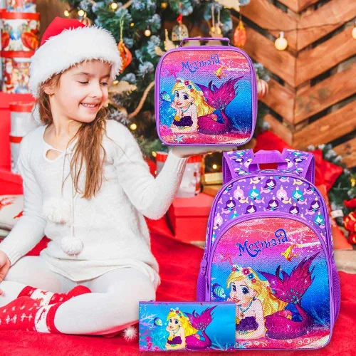 Miniatura 7 de KLFVB 3 mochilas de sirena de unicornio para niñas, bolsa de libros y lonchera de lentejuelas de 16 pulgadas, mochilas preescolares para primaria