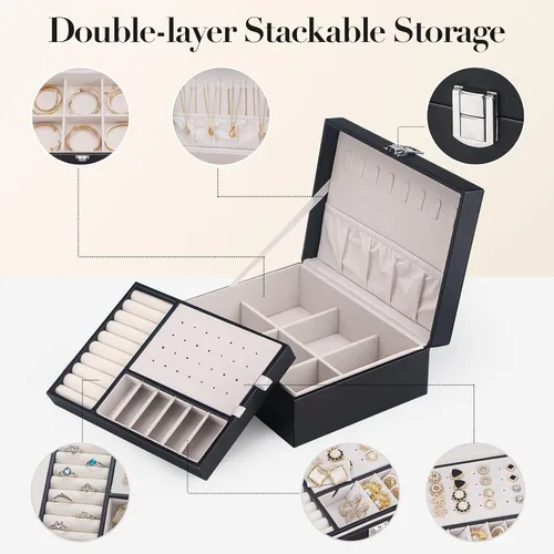 Miniatura 2 de COOYUY Joyero para mujeres niñas esposa regalo ideal organizador de joyas de doble capa aretes pulseras anillos collares piel sintética y terciopelo