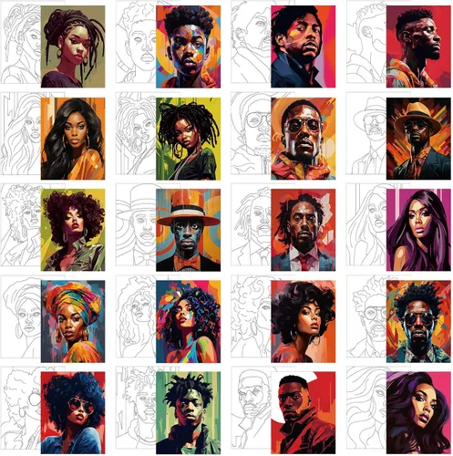 Miniatura 14 de Sherr 20 Piezas Lienzo Estirado Predibujado Arte Negro Reina Afro para Pintar para Adultos Contorno Predibujado Lienzo de Algodón Estirado