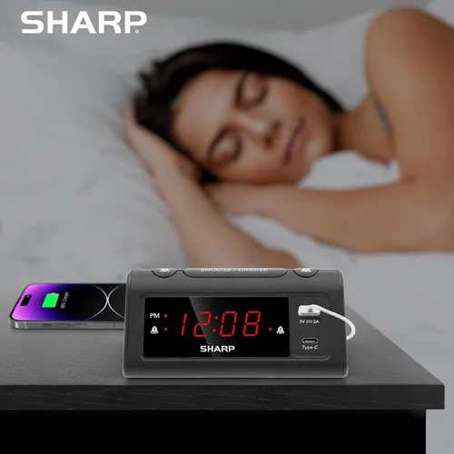 Miniatura 5 de Reloj de Alarma Sharp para Dormitorios, Carga USB-C Super Rápida y Carga USB de 2 Amperios Rápida, 2 Alarmas, Atenuador de 3 Pasos, Función Reposo