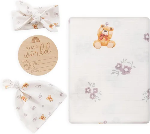 Miniatura 14 de BabyWhale Manta de muselina para envolver con sombrero y vincha con moño, juego de manta con estampado de animales para bebés niños y niñas, manta