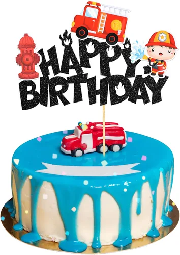 Gyufise Decoración para pastel de cumpleaños con purpurina para bomberos, camión de bomberos, bomberos, pasteles, tema de baby shower, niños, fiesta