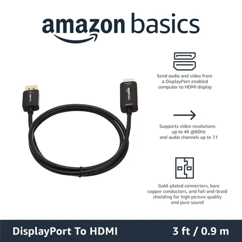 Miniatura 2 de Amazon Basics Cable DisplayPort a HDMI, unidireccional, de computadora a pantalla, video y audio, 1080p, 1920x1200, 4K @60Hz, enchufe chapado