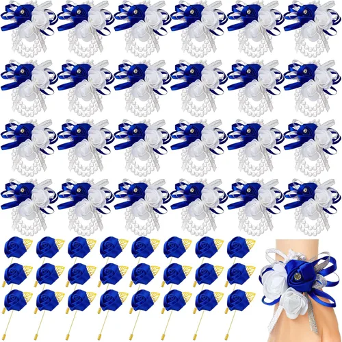 Miniatura 8 de Tigeen Juego de 24 ramilletes de muñeca y boutonniere para hombre, ramillete de muñeca de boda, flor de mano para madre de novia, novia, decoración
