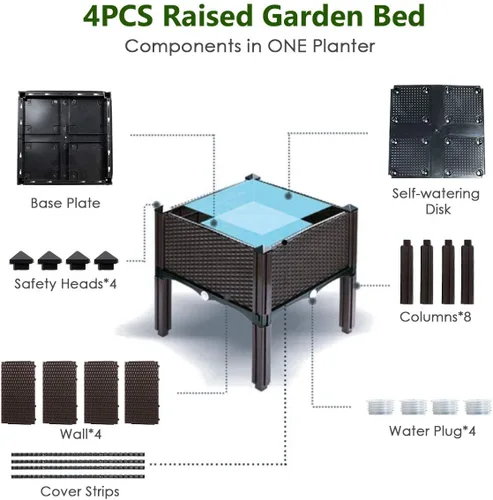 Miniatura 8 de Giantex Cama de jardín elevada, juego de 4 macetas elevadas con agujeros de drenaje para frutas y verduras, caja de plantación elevada al aire libre