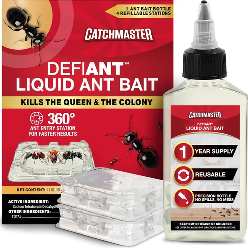 Catchmaster DEFIANT Matador de Hormigas Líquido Premium, suministro de 1 año, mata a la reina y la colonia, botella de precisión sin desorden,