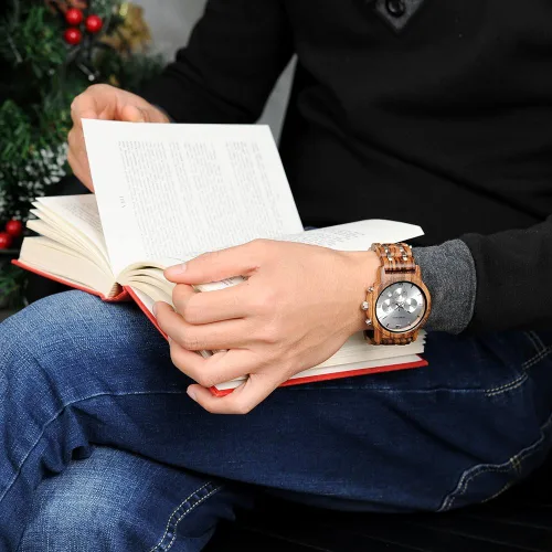 Miniatura 3 de BOBO BIRD Relojes de madera para hombre, correa de metal de madera de lujo, cronógrafo y visualización de fecha, reloj de cuarzo versátil
