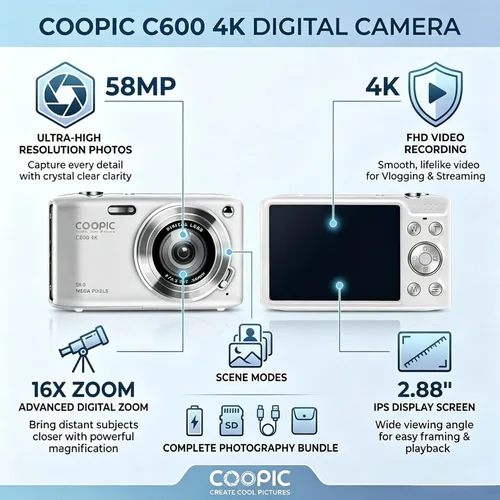 Miniatura 4 de Cámara digital de 58 MP de video 4K, cámara de enfoque automático COOPIC C600 para apuntar y disparar con antivibración para vlogging, viajes